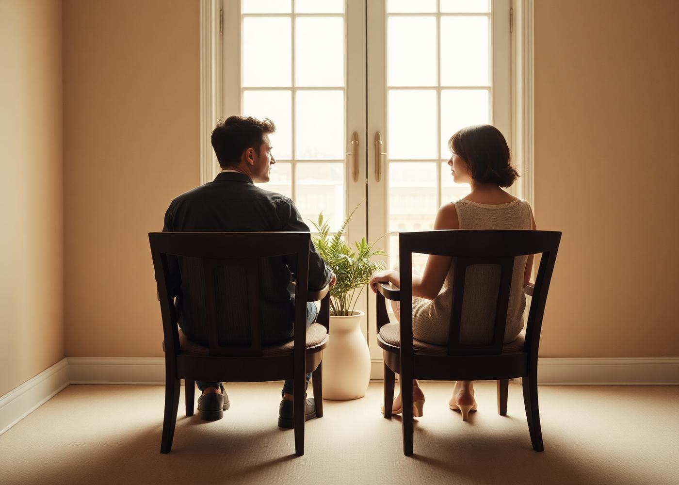 Dos sillas frente a una ventana en un espacio de conversación